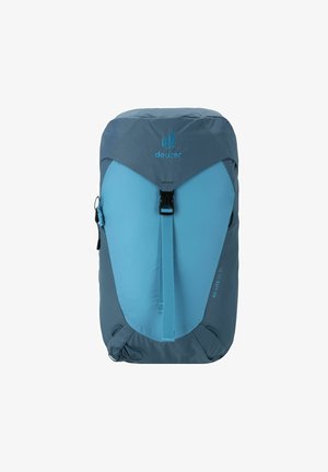 Blue and gray backpack with a sleek design, featuring a large buckle, zipper pocket, and textured fabric. Logo positioned on the front.