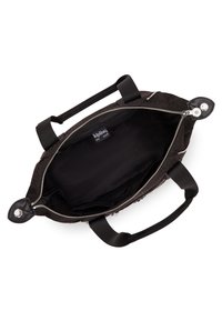 Black zippered handbag with a textured fabric exterior, featuring dual fabric handles and a spacious black interior. Logo tag visible inside.