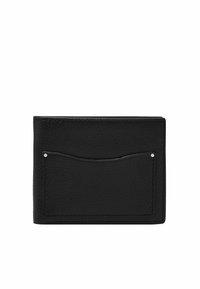 Portefeuille en cuir noir avec une finition texturée, comportant une poche avant, des détails en métal argenté et des bords cousus. Forme rectangulaire compacte.