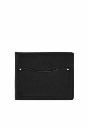 Black leather wallet with a textured finish, featuring a front pocket, silver hardware detail, and stitched edges. Compact rectangular shape.