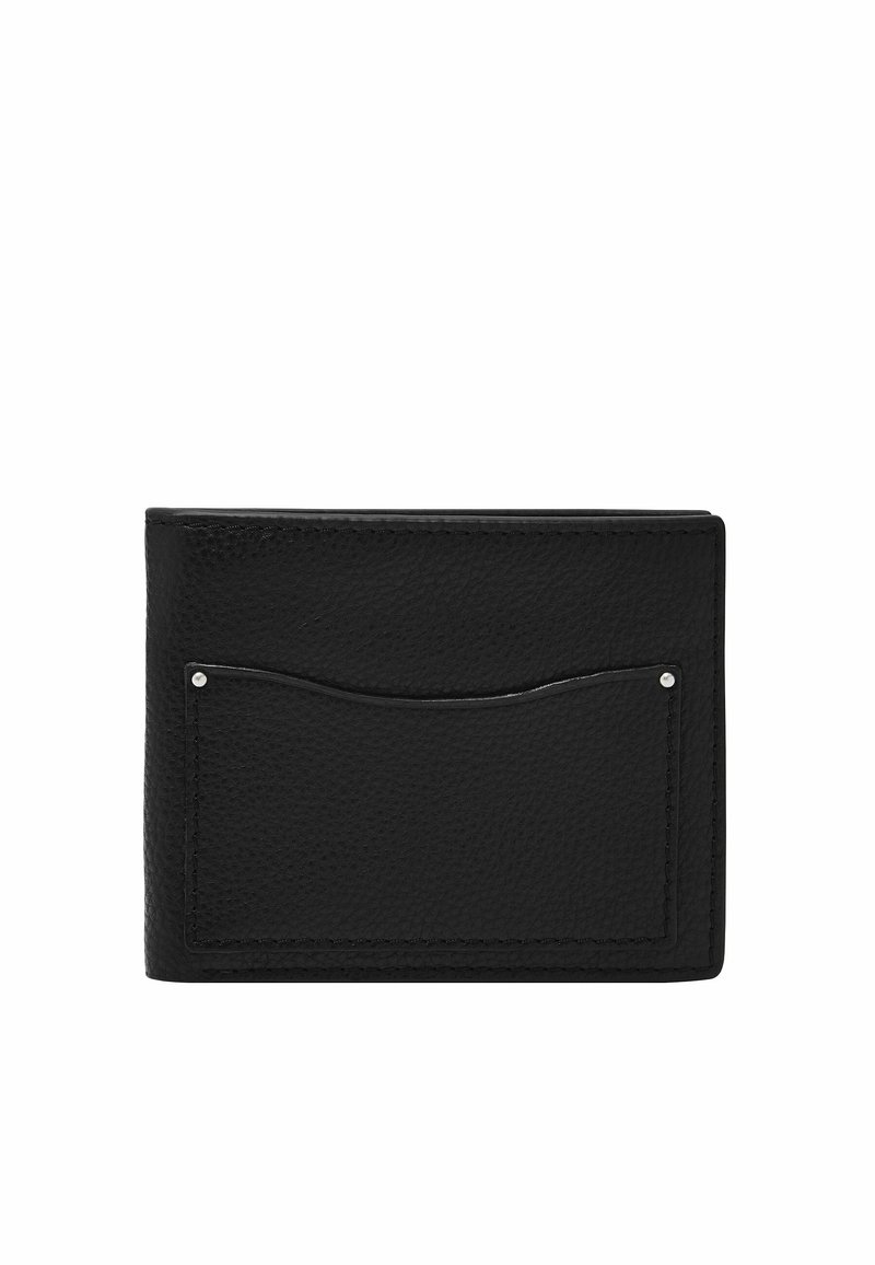 Portefeuille en cuir noir avec une finition texturée, comportant une poche avant, des détails en métal argenté et des bords cousus. Forme rectangulaire compacte.