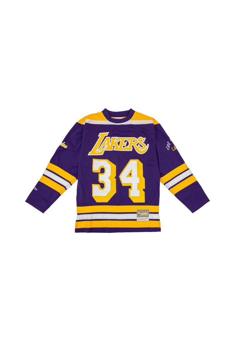 Lakers-Trikot in Lila mit gelben und weißen Streifen. Bedruckt mit "LAKERS" und "34" in großen, fetten Buchstaben. Mit langen Ärmeln und Rundhalsausschnitt.