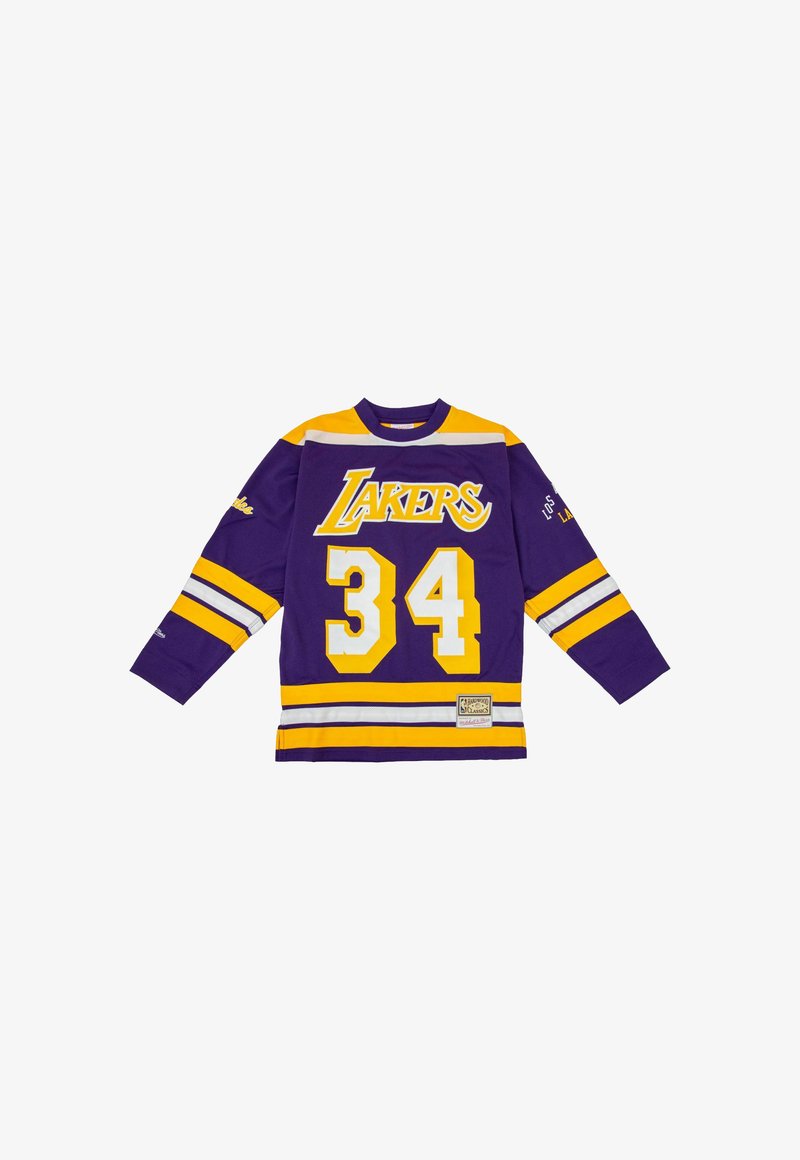 Maillot des Lakers en violet avec des rayures jaunes et blanches. Affiche "LAKERS" et "34" imprimés en grandes lettres grasses. Manches longues et col rond.