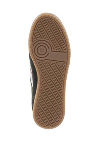 Czarną, teksturowaną podeszwę z gumy o zygzakowatym wzorze, z okrągłym logo i jasnobrązowymi krawędziami. Zaprojektowaną z myślą o przyczepności i trwałości.