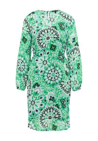 Groene jurk met een patroon, lange mouwen, een V-hals en een getailleerde taille. De stof heeft een bloemenontwerp in tinten groen, blauw en zwart.