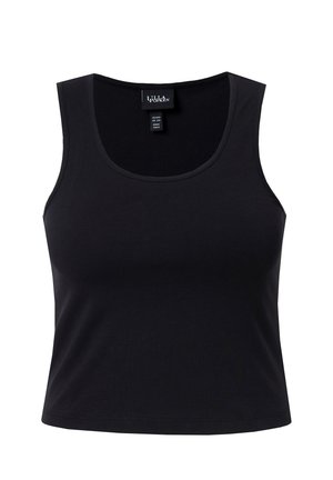 Zwart, mouwloos, cropped tanktop met ronde halslijn en aansluitende pasvorm, gemaakt van zacht stof.