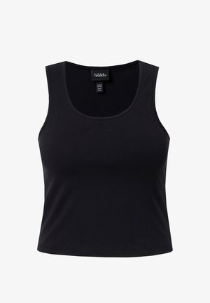 Zwart, mouwloos, cropped tanktop met ronde halslijn en aansluitende pasvorm, gemaakt van zacht stof.