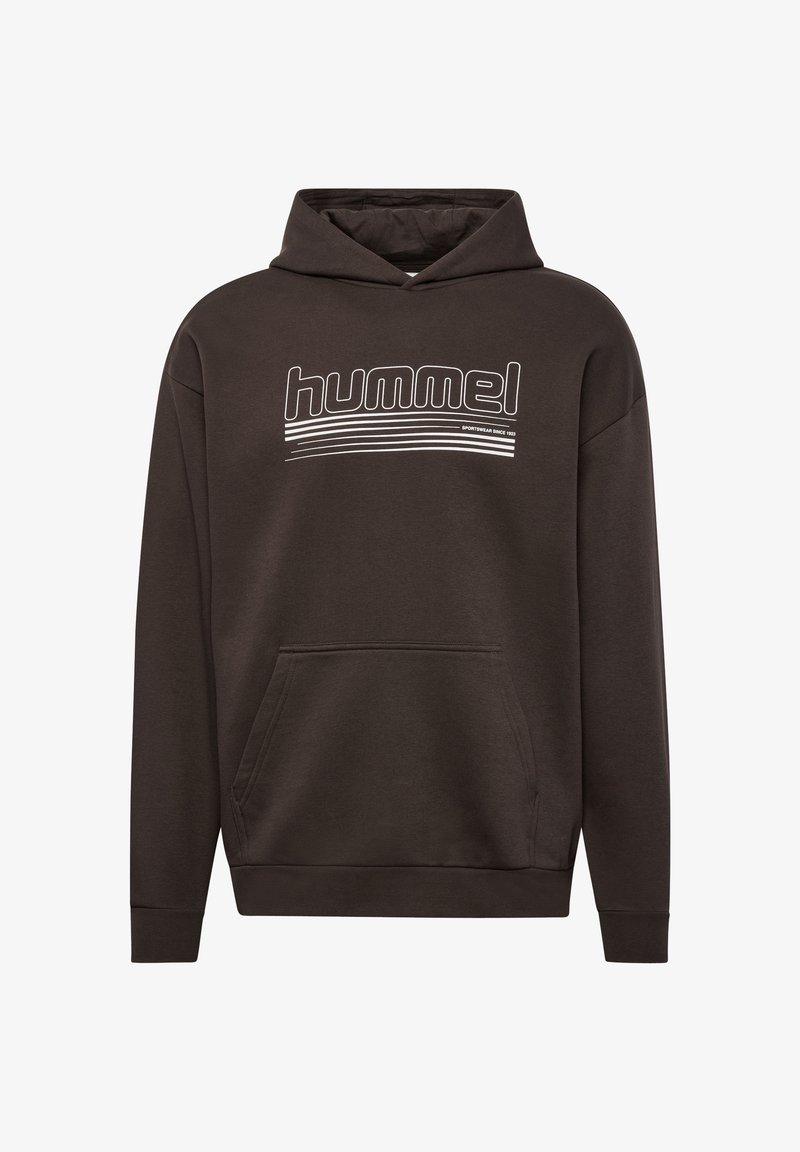 Brauner Hoodie mit einer Fronttasche, ausgestattet mit einem weißen "hummel"-Logo auf der Brust und elastischen Bündchen für eine enge Passform. Weicher Textur.