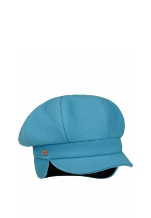 Blue wool newsboy cap with small round metal emblem on the side and a curved visor.