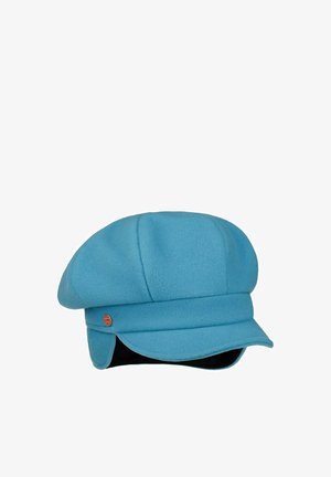 Blue wool newsboy cap with small round metal emblem on the side and a curved visor.