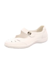 Weißes Leder-Schuhwerk mit einem Ausschnittdesign, verstellbarem Riemen und dekorativem Akzent. Die Gummisohle bietet Dämpfung und Stabilität.