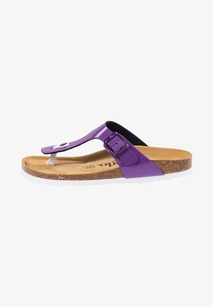 Purple leather thong sandal with adjustable buckle, cork footbed, white toe post, and textured white rubber sole, side view.