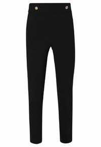Zwarte, slim-fitting broeken met een gladde textuur, voorzien van een hoge taille en twee goudkleurige knopen aan de voorkant voor de afwerking.