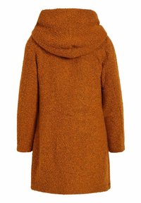 Orange hooded coat with a textured, cozy fabric; features a relaxed fit and falls to mid-thigh, with no visible fastenings or details.
