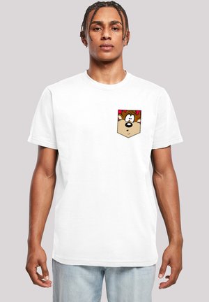 White short-sleeve t-shirt featuring a colorful cartoon character pocket design. Cotton material, relaxed fit, crew neck, minimal texture.