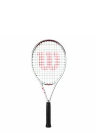 Tennis racket with a white frame, red and black accents, and a textured black grip. Features an open string pattern and large logo.