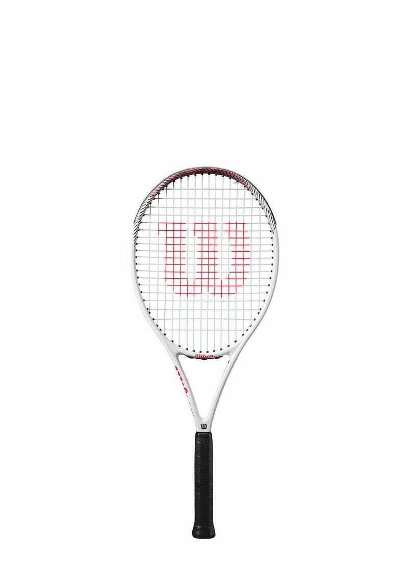 Tennis racket with a white frame, red and black accents, and a textured black grip. Features an open string pattern and large logo.