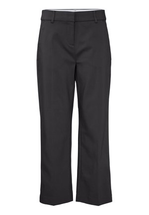Dunkelgraue, maßgeschneiderte Hose mit geradem Bein, aus einem glatten Stoff gefertigt. Verfügt über Gürtelschlaufen und seitliche Taschen ohne sichtbare Muster.