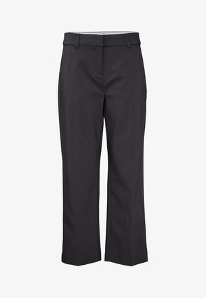 Dunkelgraue, maßgeschneiderte Hose mit geradem Bein, aus einem glatten Stoff gefertigt. Verfügt über Gürtelschlaufen und seitliche Taschen ohne sichtbare Muster.