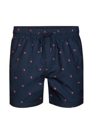 Marineblaue Badeshorts mit Kordelzug, versehen mit einem wiederholten Muster aus pinken Hummern, gefertigt aus leichtem, schnell trocknendem Stoff.