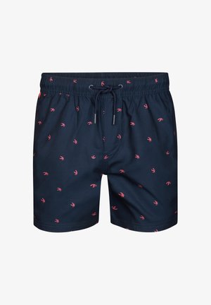 Marineblaue Badeshorts mit Kordelzug, versehen mit einem wiederholten Muster aus pinken Hummern, gefertigt aus leichtem, schnell trocknendem Stoff.