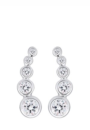 Boucles d'oreilles en argent avec cinq pierres précieuses rondes transparentes graduées, disposées en forme de croissant, la plus grande en bas et la plus petite en haut.