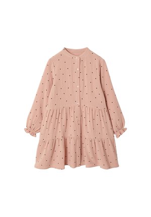 Langärmeliges pinkes Kleid mit schwarzen Polka-Dots, vorderer Knopfleiste, gerafften Stufen und elastischen Rüschenbündchen an den Ärmeln.