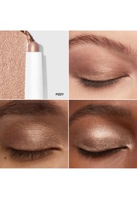 Crayon à ombre à paupières crème bronze avec une finition métallique scintillante. Les vues en swatch et appliquées sur les paupières montrent une couleur texturée et éclatante. Étiquette : "FIZZY."