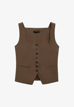 Chaleco marrón sin mangas con escote cuadrado, seis botones frontales y dos bolsillos laterales. Hecho de una tela suave con un ajuste entallado.
