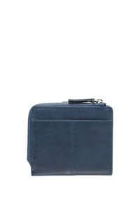 Navy leather wallet with a textured finish, zip closure, and multiple card slots; rectangular shape with stitched detailing.