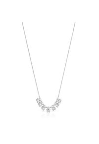 Collar de plata con una delicada cadena que presenta una línea curva de pequeños motivos de flores, creando un diseño simétrico con acabado pulido.