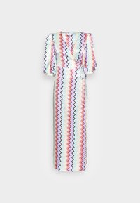 Lång omlottklänning i lätt tyg med flerfärgade zigzag-mönster, djup V-ringning och korta puffärmar med knytmidja.