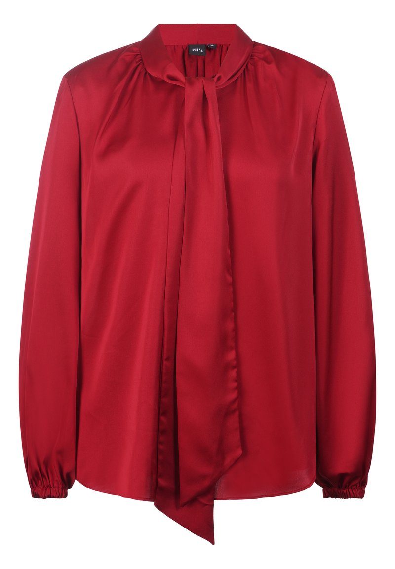 Rote Bluse mit langen Ärmeln aus glattem Satinmaterial. Hat einen hohen Ausschnitt mit einer gebundenen Schleifendetail und gerafften Manschetten für einen strukturierten Look.