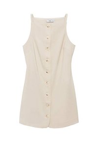 Robe beige sans manches avec un devant boutonné, présentant une coupe droite, des poches latérales et des détails de couture subtils.