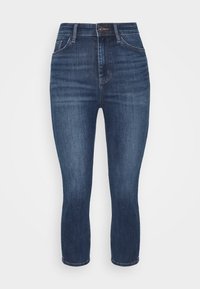 Jeans de mezclilla azul oscuro con cintura alta, corte ajustado, diseño de cinco bolsillos y un ligero desgaste en la parte frontal. Dobladillos limpios y cierre de cremallera.