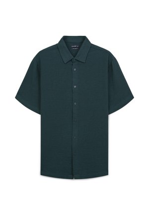 Camicia a maniche corte in verde scuro, realizzata in tessuto testurizzato. Presenta un frontale con bottoni e un colletto classico con orlo dritto.