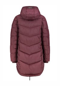 Weinroter Puffermantel mit Chevron-Muster, abnehmbarer Kapuze und langen Ärmeln. Verfügt über elastische Bündchen und einen Kordelzugsaum.