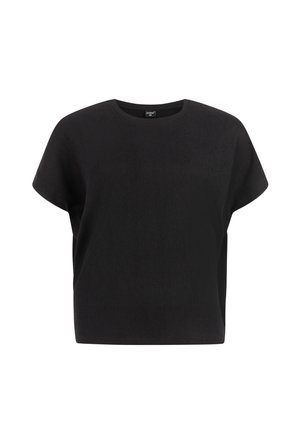 Schwarzes, strukturiertes Kurzarm-Oberteil mit rundem Ausschnitt und lockerem Schnitt vor weißem Hintergrund.