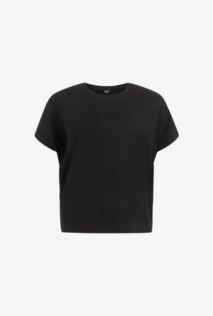 Schwarzes, strukturiertes Kurzarm-Oberteil mit rundem Ausschnitt und lockerem Schnitt vor weißem Hintergrund.