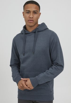 Dark blue hoodie made of soft fabric. Features a kangaroo pocket, drawstrings, and ribbed cuffs. Simple, casual design with no visible logos.