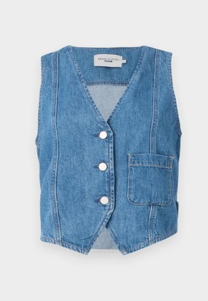 Denim vest in light blue with a V-neck, five front buttons, and a patch pocket on the left side. Distressed texture with visible seams.