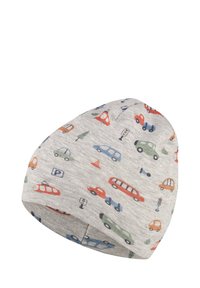 Light gray children's beanie with colorful car, truck, tree, traffic light, and parking sign patterns.