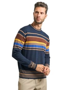 Maglione blu navy con righe orizzontali in marrone, giallo e blu. Presenta una scollatura rotonda e polsini e bordo a costine.