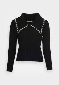 Maglione nero con maniche lunghe, orlo a costine e un ampio colletto decorato con piccoli ricami floreali bianchi lungo le spalle.