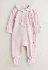 Růžové kojenecké body z měkké bavlny, s bílým volánkovým límečkem, květinovým potiskem, druky po straně a malými mašličkami na nohavičkách.