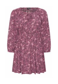 Violetti paisley-mekko, jossa on pitkät hihat, kokoontunut vyötärö ja rento malli. Kevyt kangas, jossa on monimutkaisia kukka- ja paisley-kuvioita.