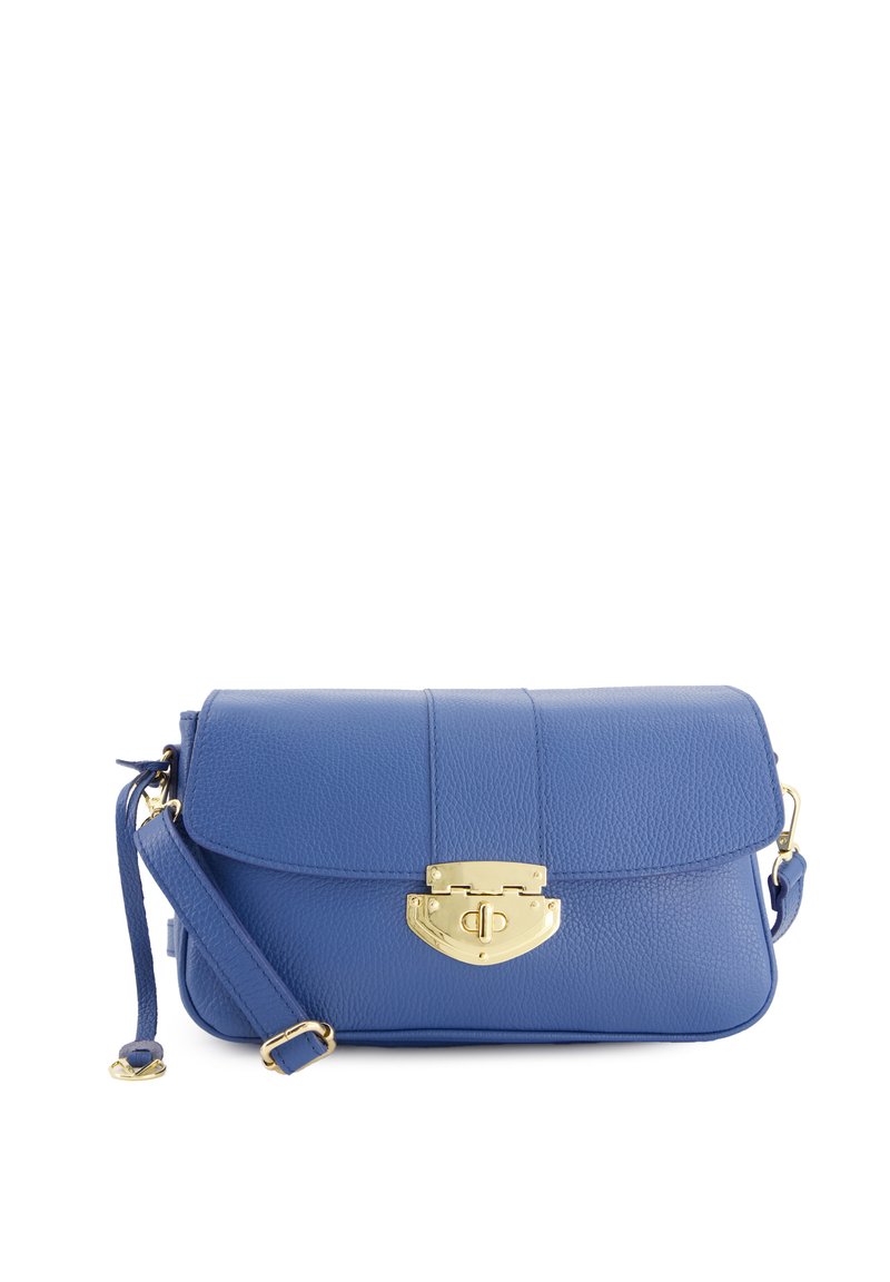 Blå læder crossbody taske med struktureret overflade, topklap og guldhardwarelås. Har en aftagelig rem for alsidighed.