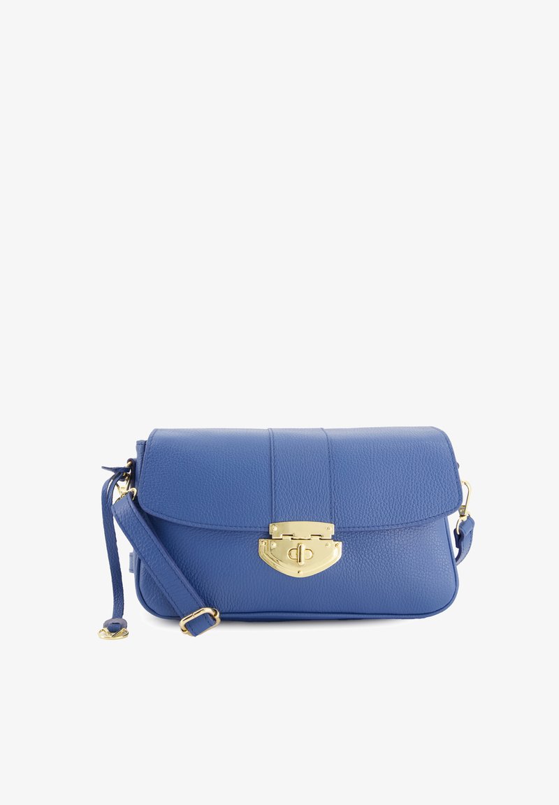 Blaues Leder-Crossbody-Bag mit strukturierter Oberfläche, Oberklappe und goldfarbener Hardware-Verschluss. Verfügt über einen abnehmbaren Tragegurt für vielseitige Verwendung.