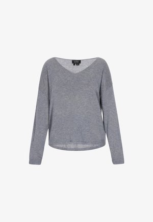 Top gris de manga larga con escote en V y corte relajado. Tela suave y ligera con puños y dobladillo acanalados. Diseño casual y versátil.