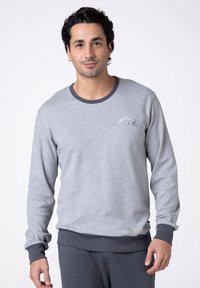 Felpa grigia con collo e polsini a coste di colore grigio scuro. Presenta un piccolo disegno di montagna e albero in colori pastello sul petto.